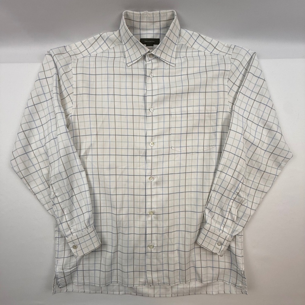 Ermenegildo Zegna Mens White Blue Windowpane Check Button Shirt Size M Italy